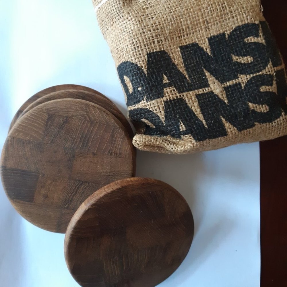 Dansk wood coasters in burlap bag!